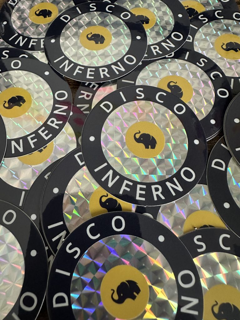 Image of Herd branded shiny 'Disco Inferno' laptop stickers