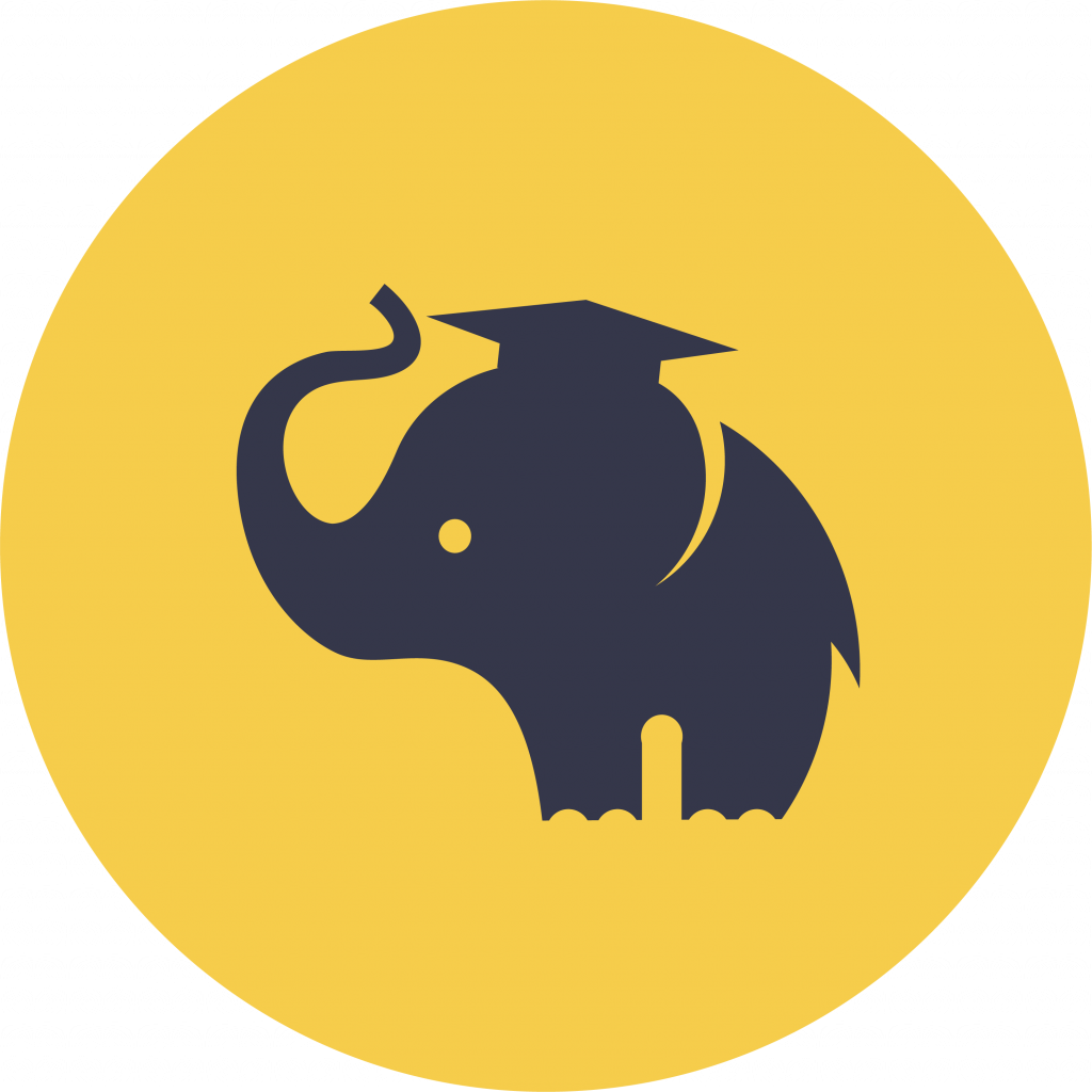 Herd Higher Education logo, navy elephant with mortarboard style hat against a mustard yellow background